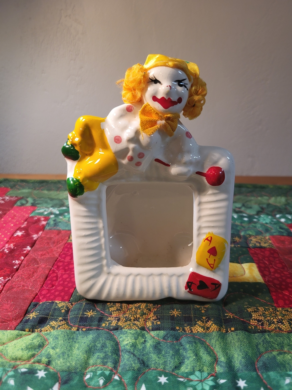 Vintage 1980s Ceramic Clown Photo Frame & Coin Bank Combo, Playing Cards Retro